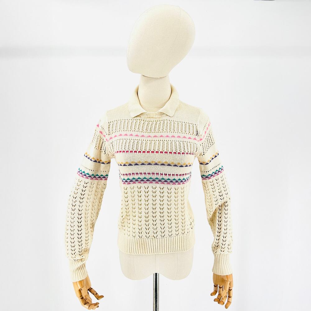 Vintage 80s Preppy Cream Pink Rainbow Pointelle Polo Sweater